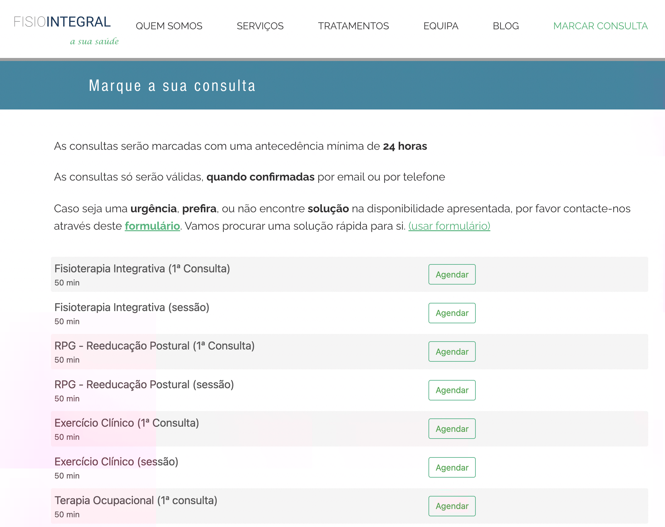 Scheduling widget embedded inside the FisioIntegral clinic website