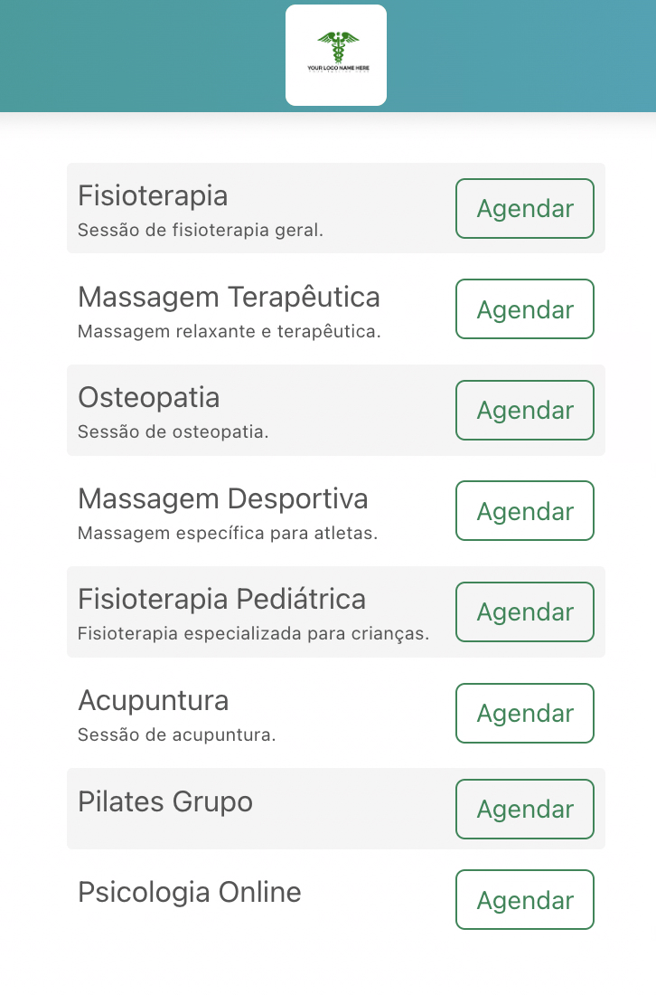 Standalone online scheduling page showing a list of services with book buttons